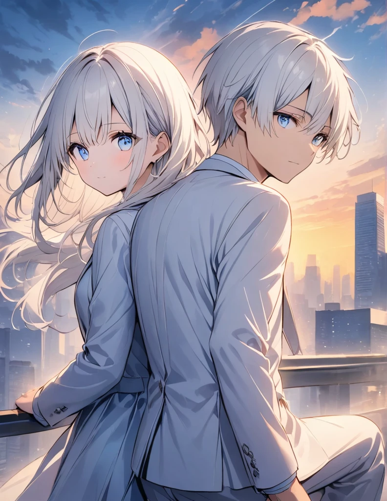 A white-haired, blue-eyed man in a white suit, a white-haired, blue-eyed girl rides behind a man with his back turned in the middle of the city at sunset.