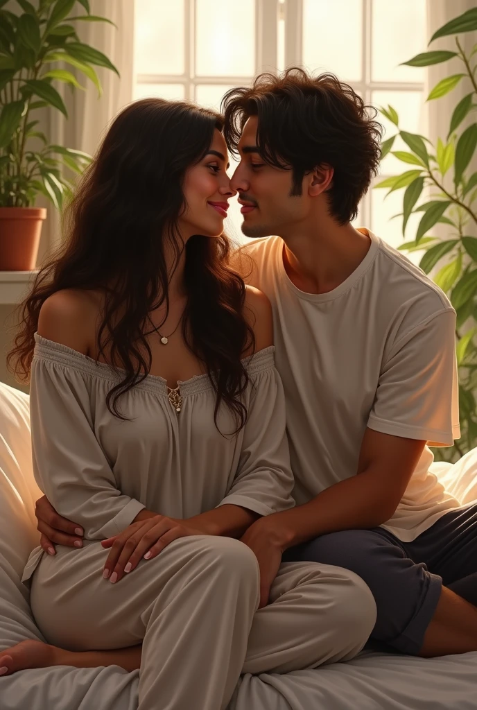 (photorealism:1.2), beautiful woman, sitting on bed,  with her bf saurabh pal t shirt me likha ho 
wearing loose off-shoulder top, pajama pants, long curly hair, indoors, soft lighting, plants in background, window with sunlight, cozy room, relaxed pose
, realistic, intricate details, warm colors, by Greg Rutkowski, by Alphonse Mucha and bagal me mai bata hu my name is saurabh and my gf is surbhi 