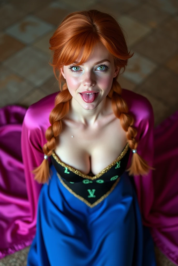 score_9,score_8_up,score_7_up,score_6_up,score_5_up,score_4_up,real life,  dark, night time, kneeling, (from above:1.3), princess anna from frozen on her knees looking up, pov, (wide open mouth gasping, sticking her tongue out, gaping open mouth), scream, low cut sexy black corset, purple fur cloak, dark forest, (close up:1.3), braided pigtails, ornate tiara , smokey makeup, eye contact,