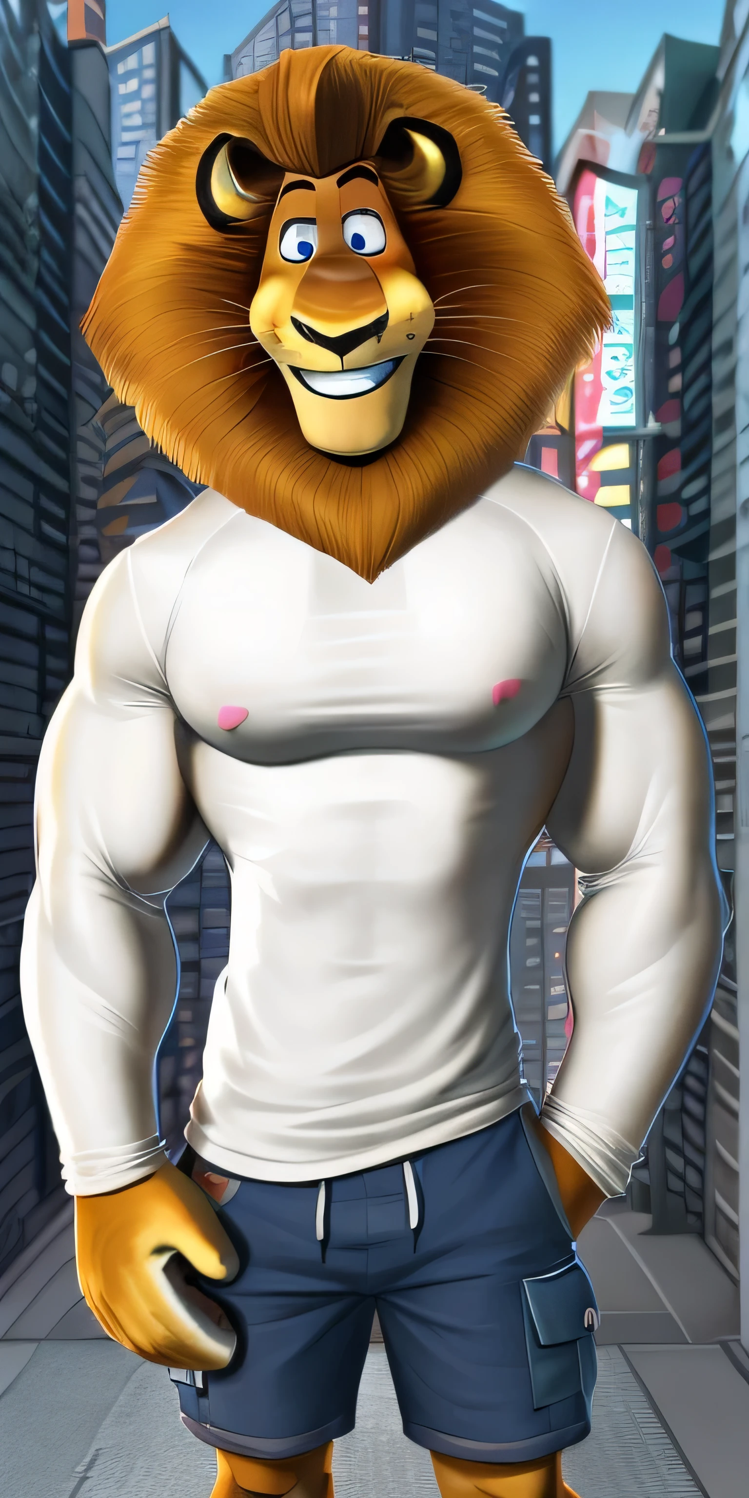 Alex the Lion, muscular body, big biceps, extremely beautiful and cute face, perfectly detailed blue eyes, black pupils, wears white shirt with long sleeves, blue cargo shorts, blue sneakers, Tokyo background, selfie, friendly look, smiling, hot