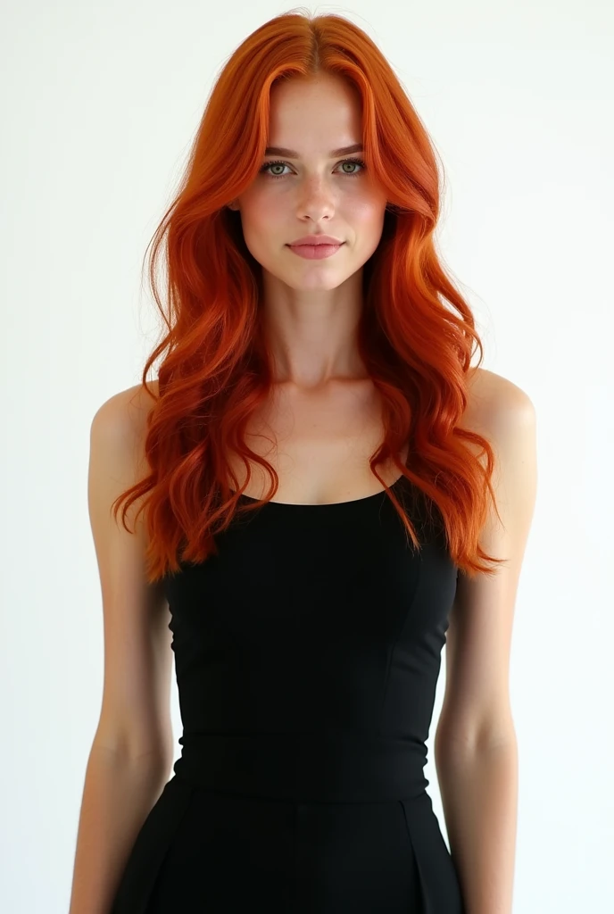 natty with a white background behind her, a proud look and long red hair. with a black dress