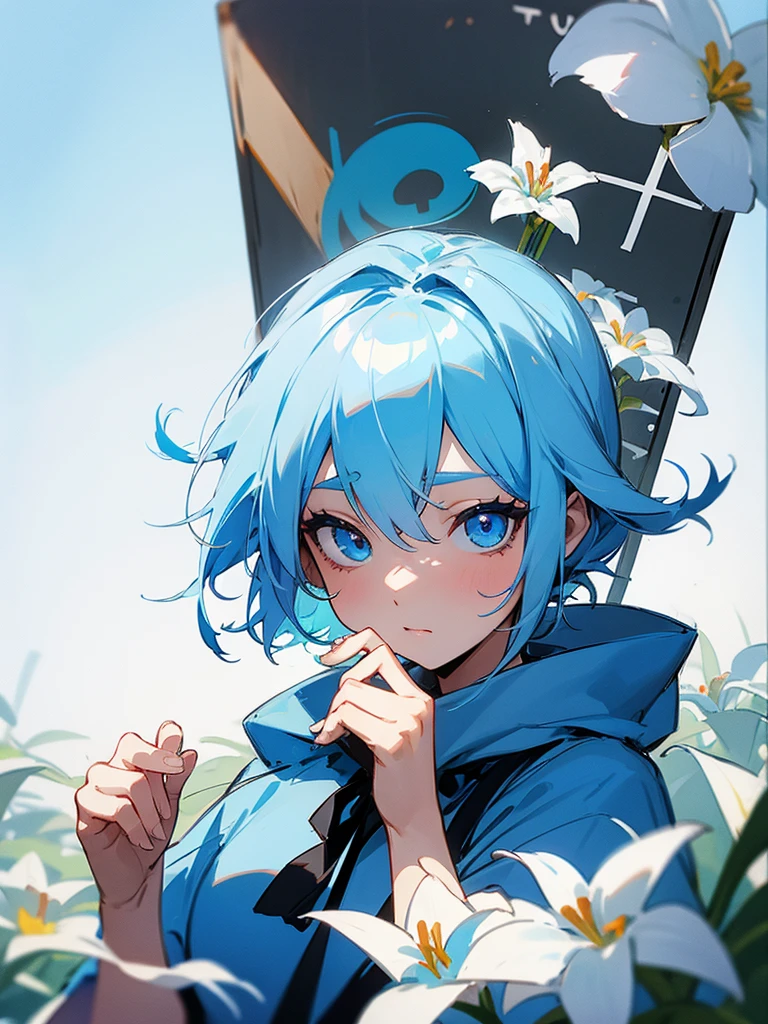 A girl,Light blue hair,Light blue eyes,Smell the flowers,Wearing fashionable clothes,Holding a sign that says "Umam"