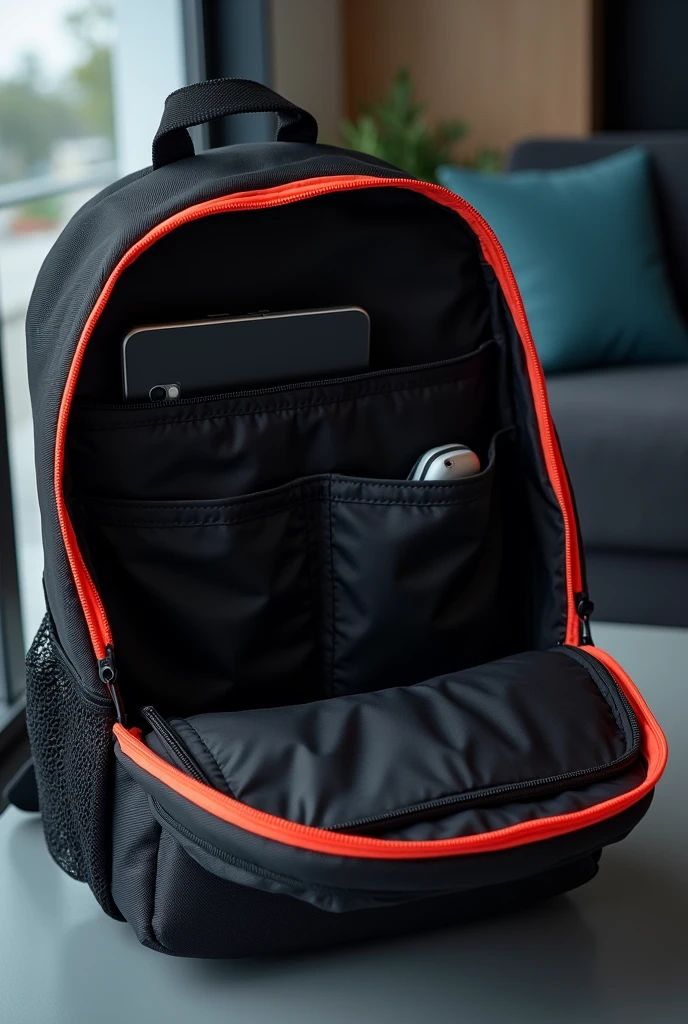 Interior of a black backpack that has neon edges that has a portable charger on the outside, it has no pockets on the sides and has practical compartments for college students