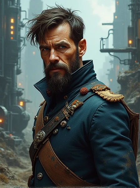 Rough Napoleonic Veteran. Short beard. Dark Brown hair. messy haircut. blue eyes. Fancy but dirty Uniform. Dieselpunk. Dark Sci-fi. Warhammer 40k. Gothic aesthetics. Oil painting