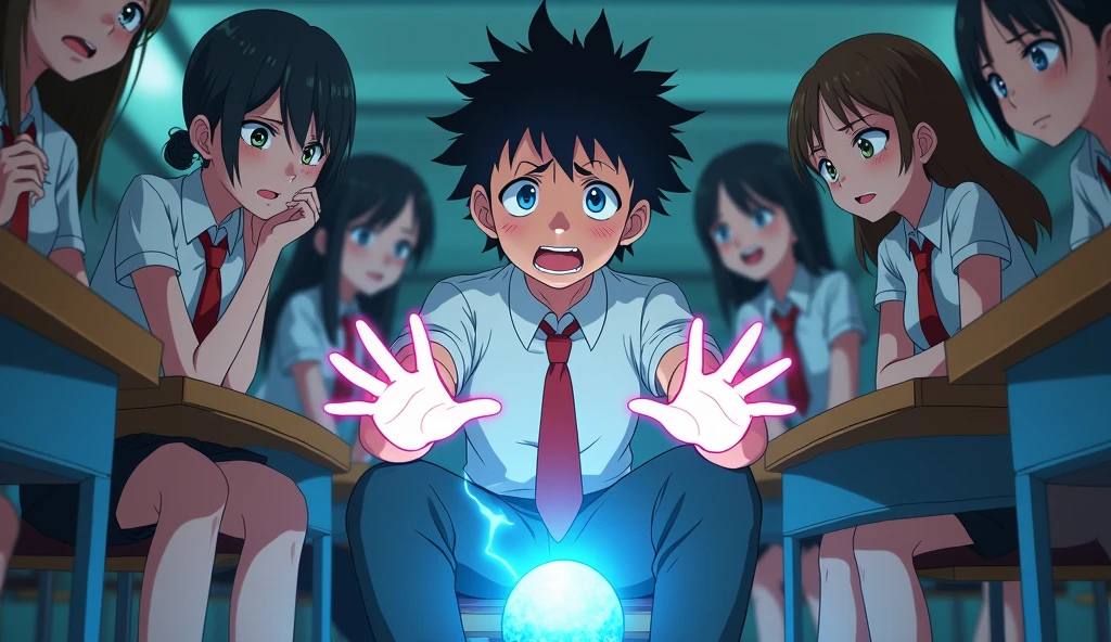 Visualize a scene where a anime boy is seated in a classroom surrounded by several girls. The boy has glowing, magical energy radiating from both his hands. His face shows stress, with his mouth slightly open as if in tension. Under his foot, he is holding down an alien, as if restraining it. The atmosphere blends fantasy and a tense situation with curious onlookers."