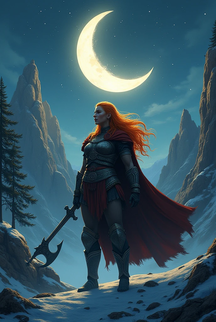 Orange haired viking girl under the crescent moon.