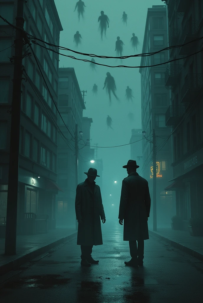 Young guys Peter and parker two dead detectives stand in night street and lot of souls around them