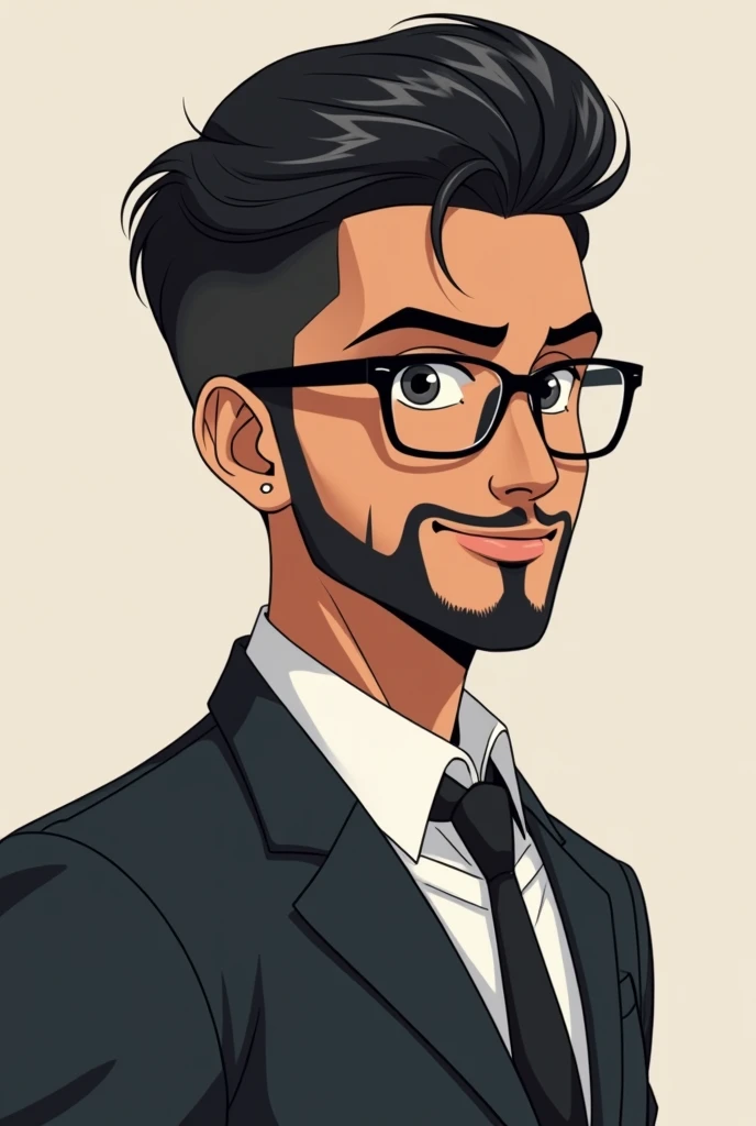 "Create an anime-style character design of a young man named Caio. He stands at 1.80m tall with an athletic but average build. His skin is a warm medium brown tone. He has short, neatly styled black hair, combed to the side in a classic, professional look with a subtle, smooth top. Caio wears black, rectangular glasses with a modern, subtle frame. His face is framed by a well-groomed, full beard that complements his sharp, anime-style facial features. The character design should emphasize clean lines and a slightly exaggerated anime aesthetic, with a focus on his sleek, professional hairstyle."