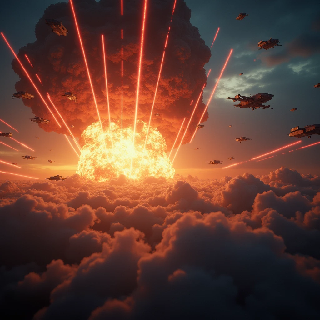 Many unidentified flying objects attack 10,10,000 meters in the sky, Realistic, Hundreds of laser beams, Big Explosion
