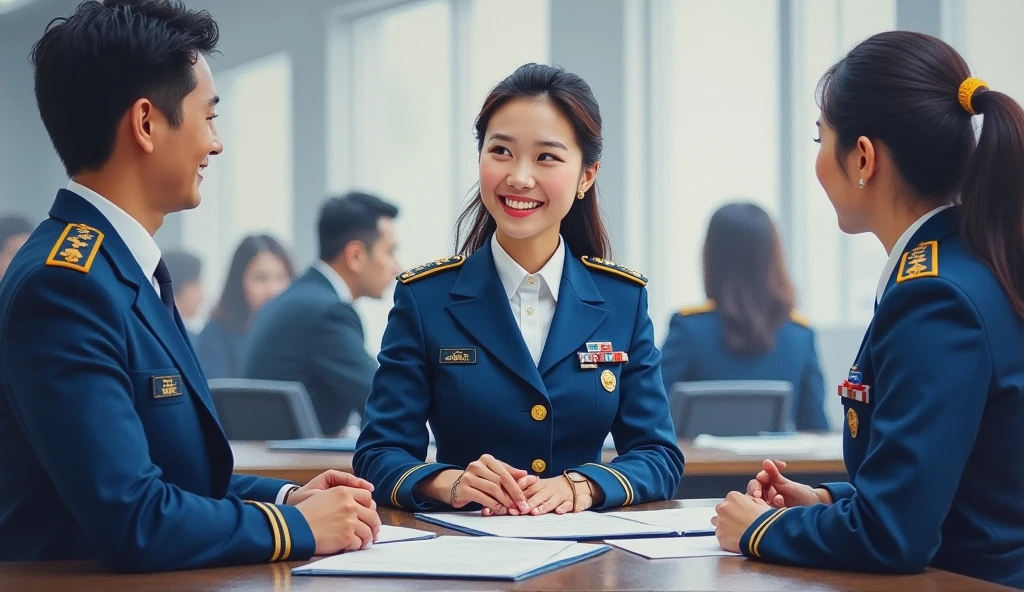 A stunning oil painting of a scene beautifully portraying, In a bustling government office, a young beautiful Korean woman, newly appointed as a government officer, in her crisp official uniform. Surrounded by her colleagues, she engages in discussion, her expression a blend of enthusiasm and determination. Her uniform, neatly pressed and adorned with insignia, symbolizes her new role. The office environment is busy, with papers and computers scattered across desks, highlighting the dynamic and professional atmosphere as she integrates into her new position. The painting exhibits a dream-like, impressionistic style, with visible brushstrokes that create a sense of depth and texture. The color palette primarily consists of light blue, greys, and blacks, evoking a enthusiastic atmosphere. wide shot view. talking to her colleagues