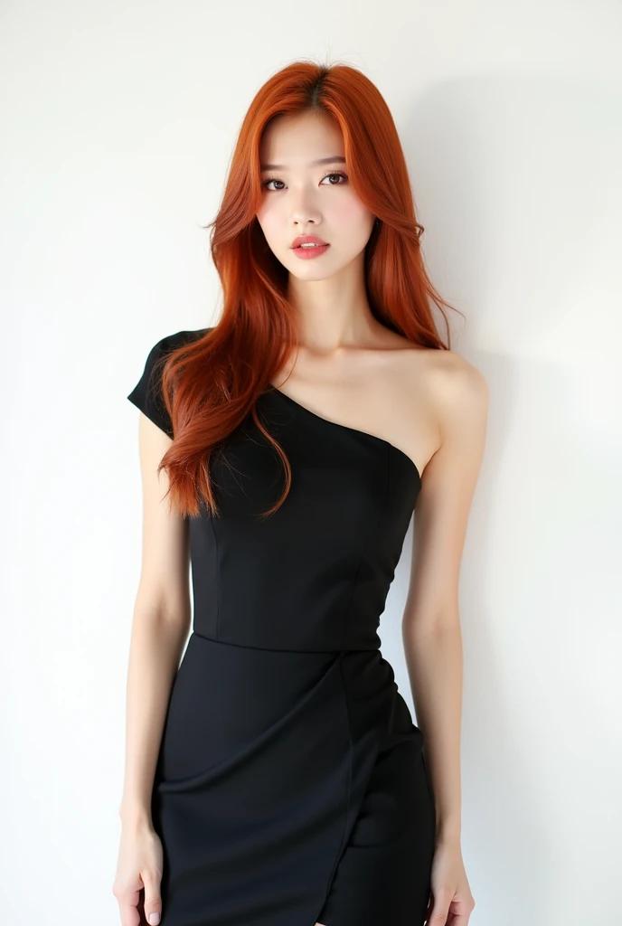 natty, Korean idol, with a white background behind her, a proud look and long red hair. with a black dress