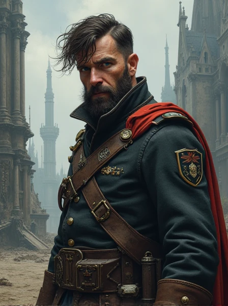 Rough Napoleonic Veteran. Short beard. Dark Brown hair. messy haircut. blue eyes. Fancy but dirty Uniform. Dieselpunk. Dark Sci-fi. Warhammer 40k. Gothic aesthetics. Oil painting