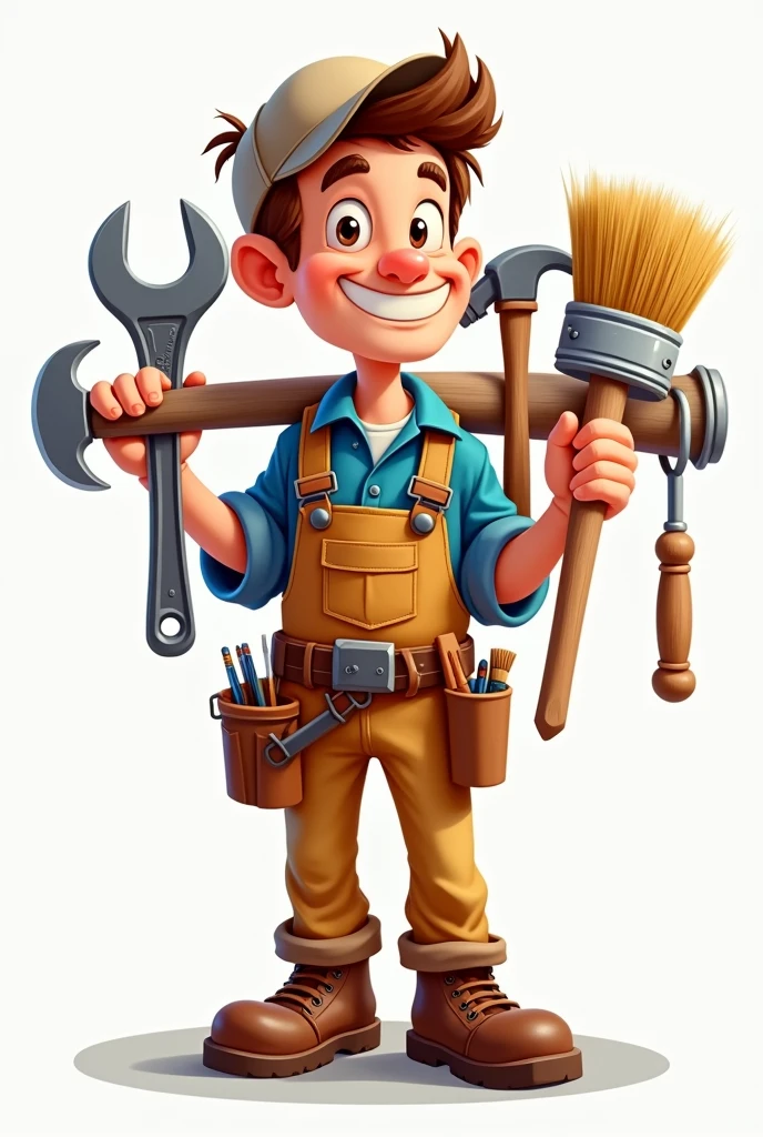 cartoon · handyman · tools · worker · brush / A cartoon handyman holding lots of tools