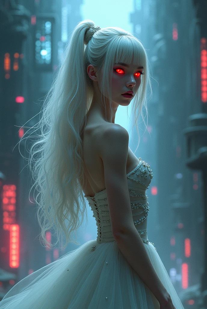 Woman . ballerina. white hair. eerie glowing red eyes. Cyberpunk Background