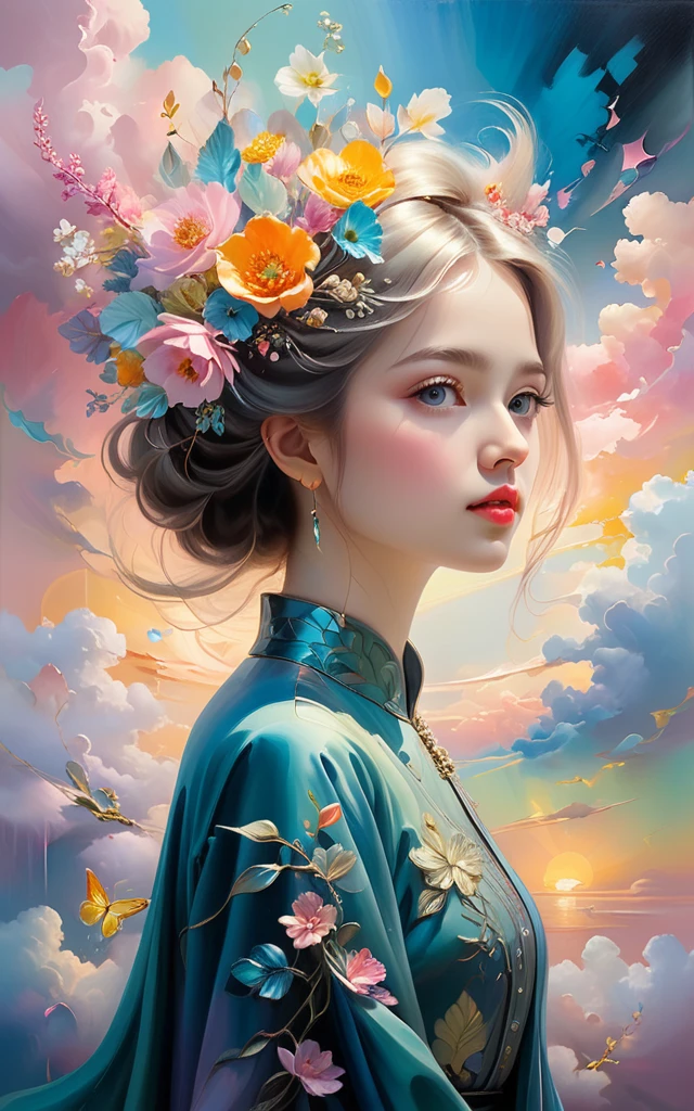 (((Stylistically diverse))), detailed scenes, quirky twist, unique visuals, clouds, and flowers, abstract, surreal âPainted light, âPastel colours, â, âIsolated subjects, â âinnocent colours, Soft Lighting, heavy inky shadows, detailed and intricate environment, A masterpiece, tracing effects, oil painting aesthetic, heavy brush strokes, mystical allure, Oil painting âImpressionistic, â âImpressionistic.âBeautiful details, stylized art aesthetic, Broken Glass effect, no background, stunning, something that even doesn't exist, mythical being, energy, molecular, textures, iridescent and luminescent scales, breathtaking beauty, pure perfection, divine presence, unforgettable, impressive, breathtaking beauty, Volumetric light, auras, rays, vivid colors reflects