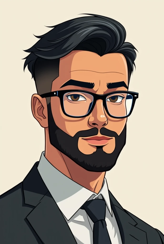 "Create an anime-style character design of a young man named Caio. He stands at 1.80m tall with an athletic but average build. His skin is a warm medium brown tone. He has short, neatly styled black hair, combed to the side in a classic, professional look with a subtle, smooth top. Caio wears black, rectangular glasses with a modern, subtle frame. His face is framed by a well-groomed, full beard that complements his sharp, anime-style facial features. The character design should emphasize clean lines and a slightly exaggerated anime aesthetic, with a focus on his sleek, professional hairstyle."