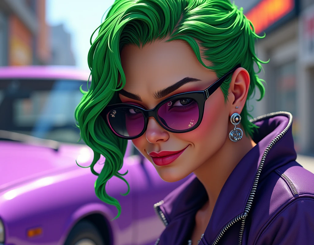 a close up of a person with green hair and sunglasses, style of gta v, as a character from gtav, gta5 style, gta v style, gta character, jerma985 as the joker, as the protagonist of gta 5, gta 6 style, ! split hair dye!, gta v character, gta 5 skin tone, gta v street style the sports car in back ground which color is purple  and half body pic 
full body picture and car  is in front  