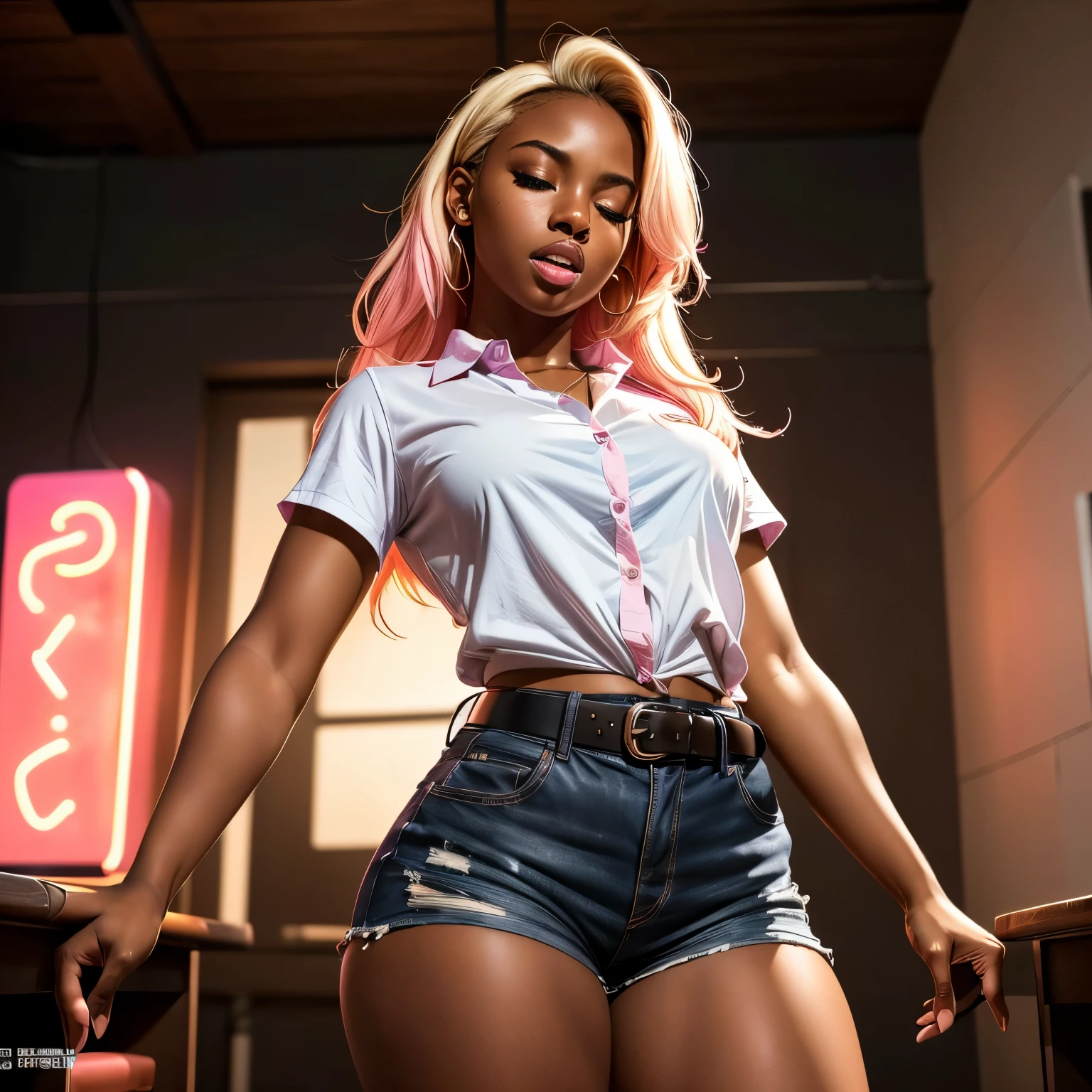 in classroom, (18 years old), (dark skin), dark skin, wide shot, blond hair, orgasm, (white button down top, pink shorts with belt), (Masterpiece, Professional lighting, 16k, 8k wallpaper, raw photo, photorealistic:1.8, ultra detailed, natural lighting, detailed skin sexy pose, open mouth, big lips, night time, eyes closed, magic energy, neon light, orgasm, screaming, thick thighs,