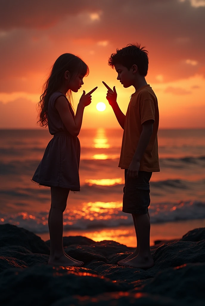 Shadow couple girl and boy pointing their finger guns on each others heads dark aesthetic real sunset evening shore young
 
