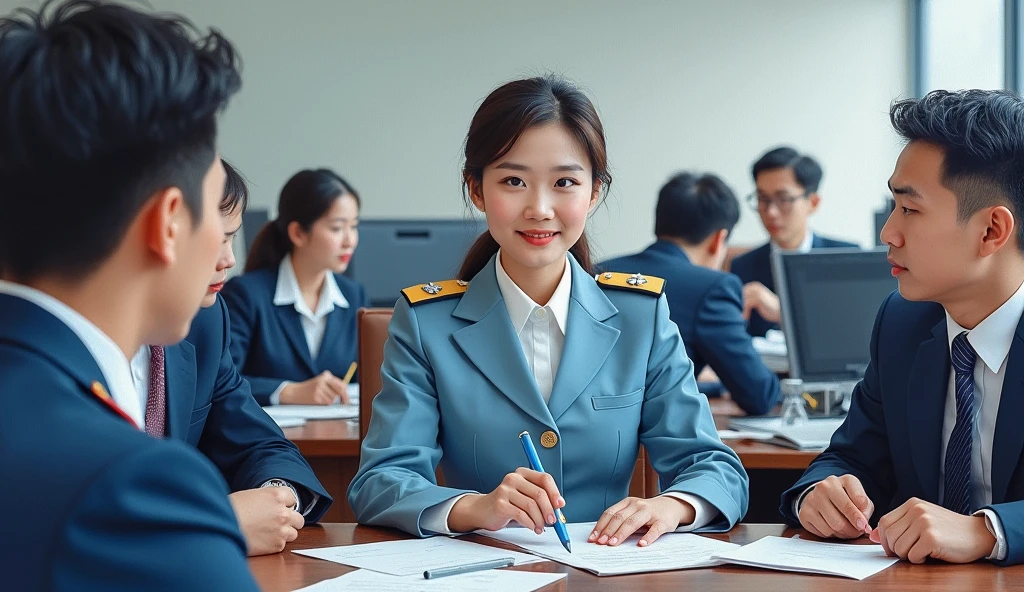 A stunning oil painting of a scene beautifully portraying, In a bustling government office, a young beautiful Korean woman, newly appointed as a government officer, in her crisp official uniform. Surrounded by her colleagues, she engages in discussion, her expression a blend of enthusiasm and determination. Her uniform, neatly pressed and adorned with insignia, symbolizes her new role. The office environment is busy, with papers and computers scattered across desks, highlighting the dynamic and professional atmosphere as she integrates into her new position. The painting exhibits a dream-like, impressionistic style, with visible brushstrokes that create a sense of depth and texture. The color palette primarily consists of light blue, greys, and blacks, evoking a enthusiastic atmosphere. wide shot view. talking to her colleagues