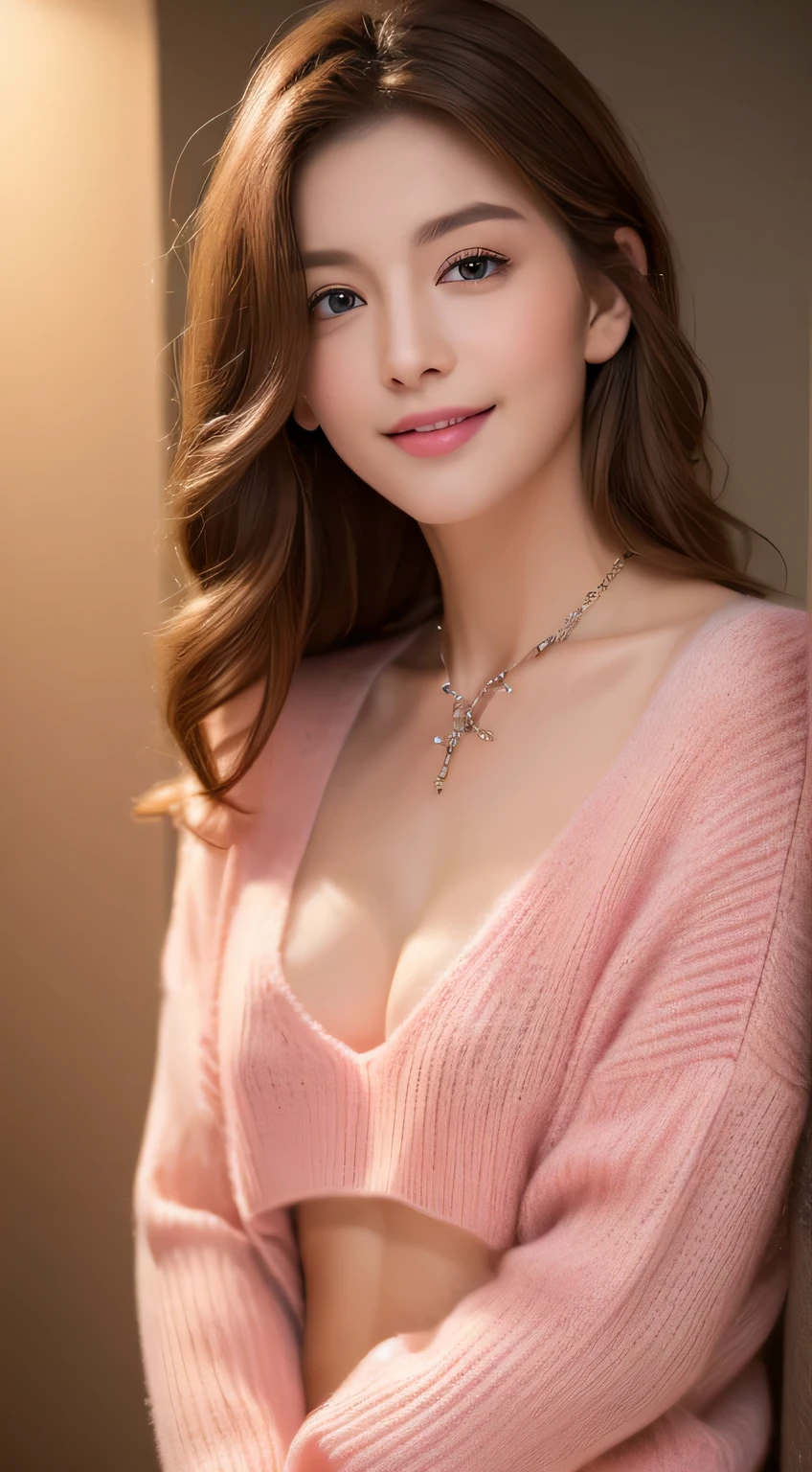 ((night, Realistic Light, Highest quality, 8k, masterpiece: 1.3)), 1 person, Slender beauty: 1.4, Abdominal muscles: 1.1, (Brown Hair, Medium chest: 1.3), Pink long sweater: 1.1, Bathroom, The face is very delicate, Beautiful Eyes, double eyelid, smile, necklace