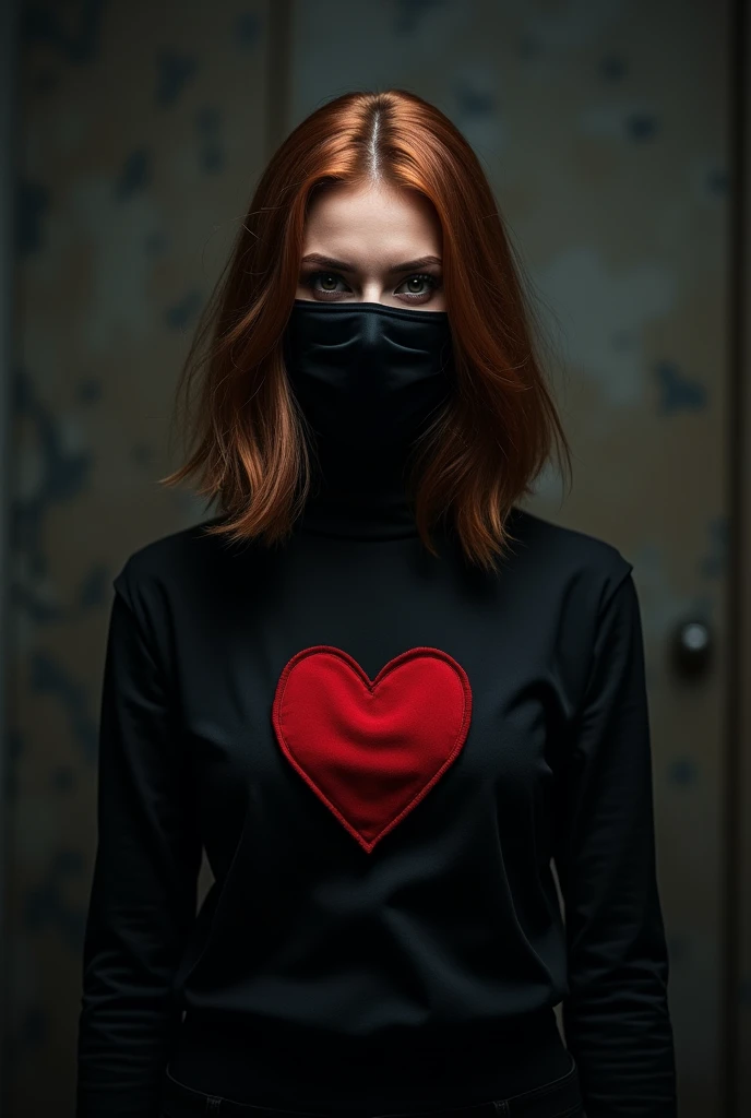brown hair character, black mask, wearing a black shirt with a heart
