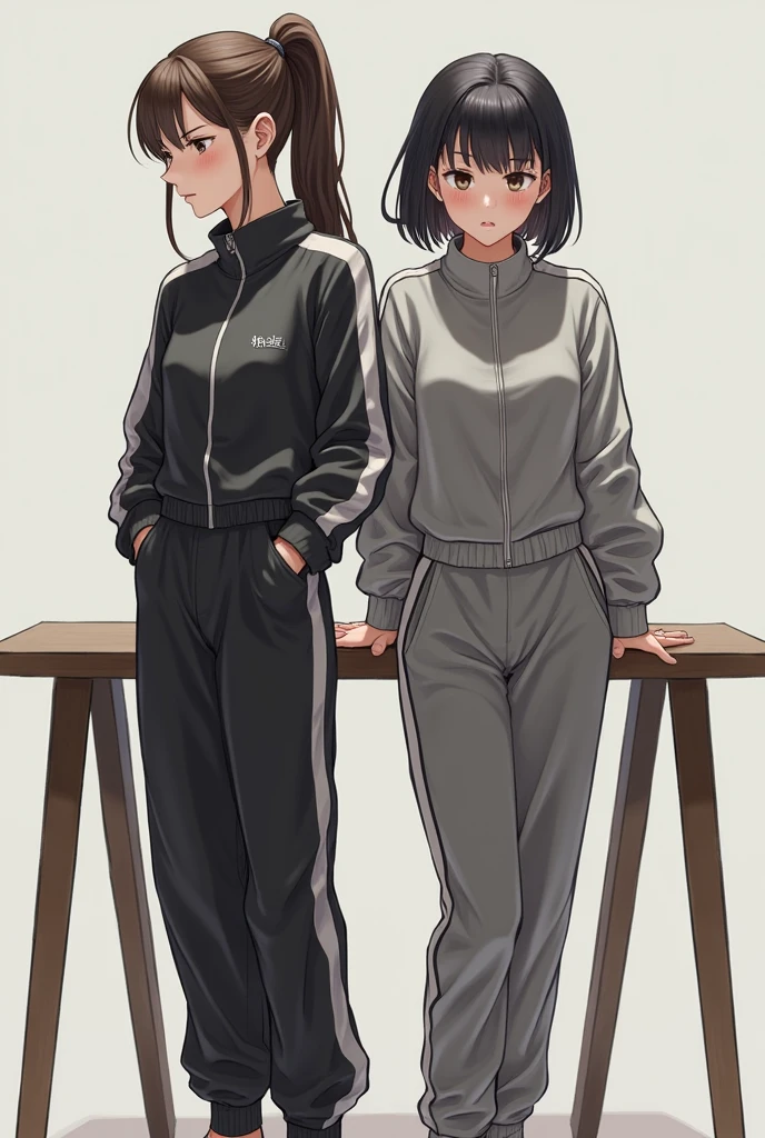 A girl with short purple hair，Wearing track suit，Quarrel with another girl with long black hair，The expression is very angry