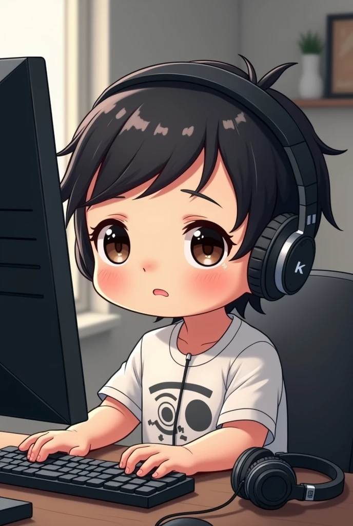 Drawing of a  dressed as a programmer with headphones on his side using the computer, with black hair, dark brown eyes and a t-shirt showing his entire face.