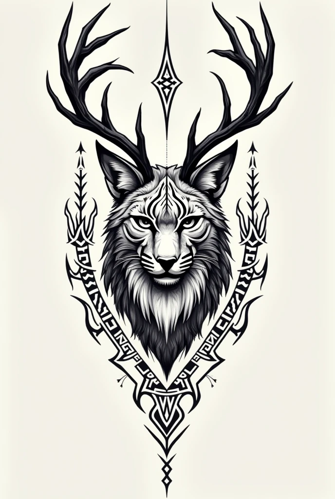 Could you create a sketch of a tattoo with just lines for the forearm of a lynx with deer antlers??, also with Nordic symbols