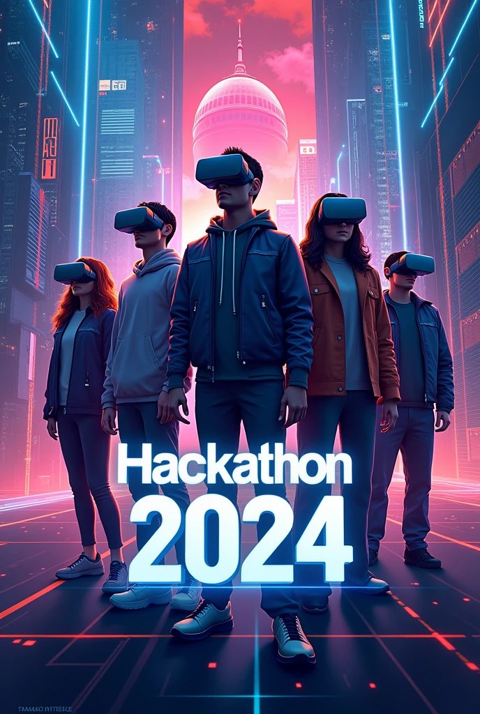 create a poster for hackathon 2024 including human characters wearing VR headsets. "hackathon 2024" must be written on the poster along with a small inspiring quote