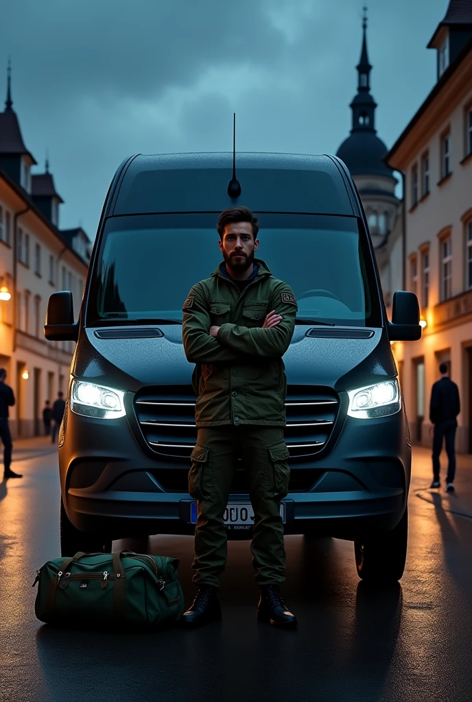 Create a picture of a Mercedes V-Class with tinted windows, Regensburg can be seen in the background. it is dark.
In front of the car stands a young man with a beard and his arms crossed. The man is wearing camouflage clothing. A green duffel bag lies next to the man.
