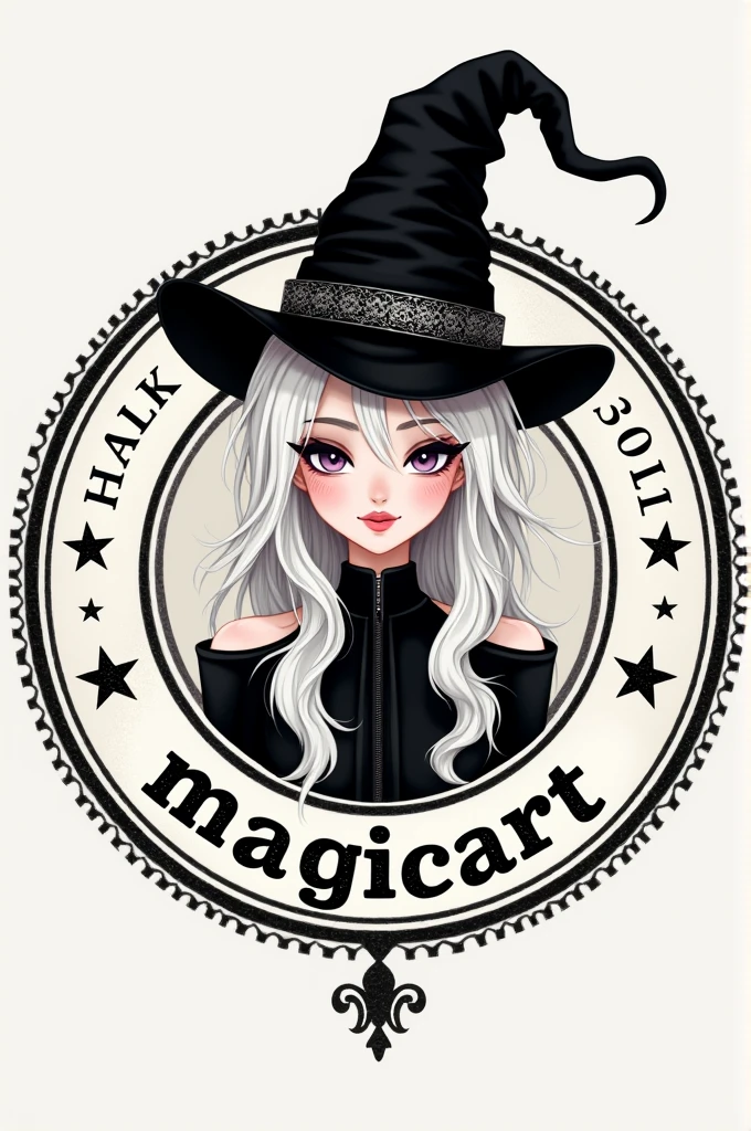 You could create a company logo that is circular like a stamp., that has a pretty magician with her black and white magician hat that has two white locks of hair in front of it and that around her it says "MagicArt"