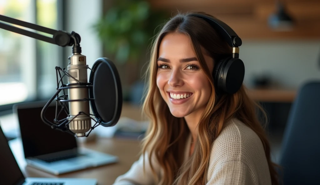 "A close-up, realistic image of a beautiful young woman sitting at a table in a modern podcast room. She is smiling warmly with a big, joyful expression, showing her teeth. The room features professional podcast equipment like a microphone, headphones, and a laptop on the table. The lighting is soft but bright, highlighting her cheerful demeanor. The focus is on her face and upper body, capturing the energy and enthusiasm of the moment."







