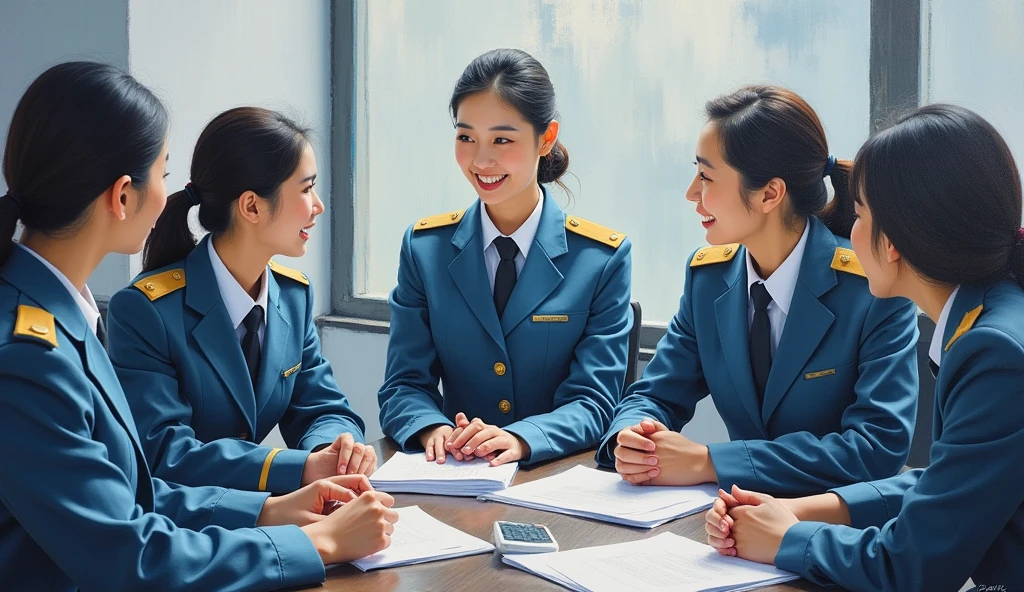 A stunning oil painting of a scene beautifully portraying, In a bustling government office, a young beautiful Korean woman, newly appointed as a government officer, in her crisp official uniform. Surrounded by her colleagues, she engages in discussion, her expression a blend of enthusiasm and determination. Her uniform, neatly pressed and adorned with insignia, symbolizes her new role. The office environment is busy, with papers and computers scattered across desks, highlighting the dynamic and professional atmosphere as she integrates into her new position. The painting exhibits a dream-like, impressionistic style, with visible brushstrokes that create a sense of depth and texture. The color palette primarily consists of light blue, greys, and blacks, evoking a enthusiastic atmosphere. wide shot view. talking to her colleagues