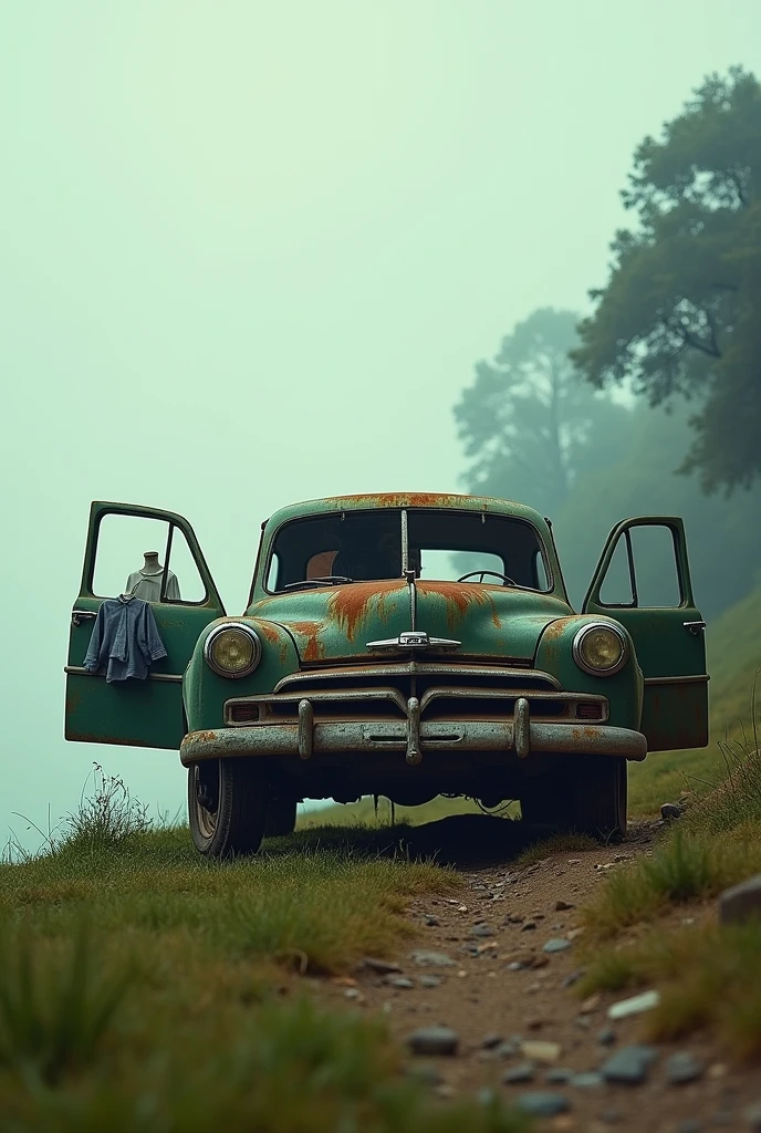 Help me with a picture of a car with the doors open on the doors clothes hanging in perspective on a hill 