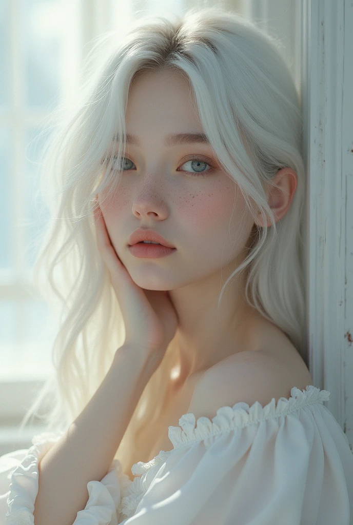 A half-curled woman, with freckles and white