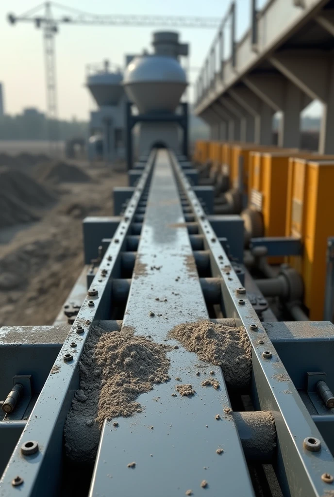 a conveyor belt with a built-in scale that leads to a concrete mixer and also has a quartering system   
