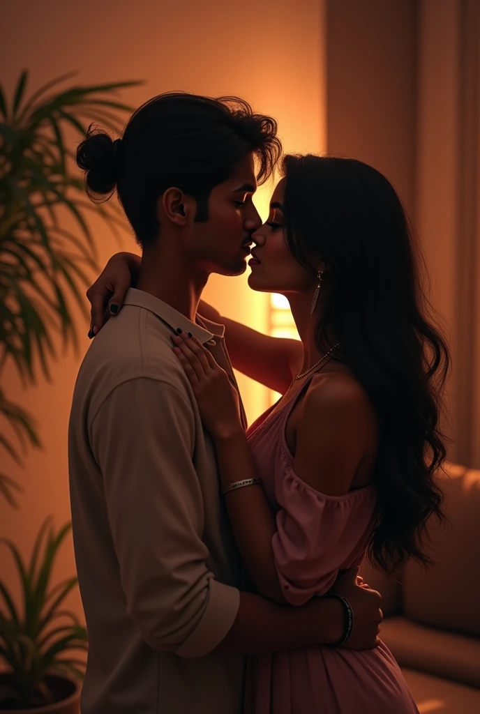 Create a image of a 25 year old indian girl in a room long black silky hair in bun style her 24 year old boyfriend kissing her neck from back