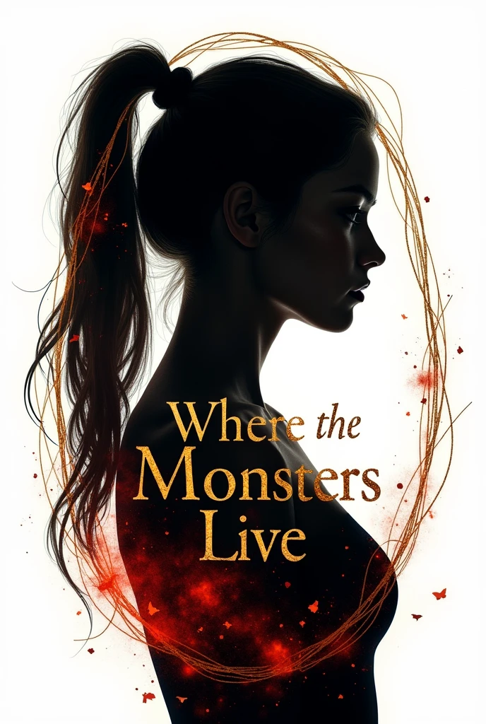 A book cover with the following information.
Title: Where the monsters live.
No subtitle.
Author's Name: Juliany Basilio.
On the cover I want something a little dark, is a fiction book about werewolves and other supernatural creatures. In the center of the book, taking up most of the space, I want a silhouette of a woman. (Youngh) from sideways. The silhouette can be completely black, within this silhouette the name of the book in gold. Outside the silhouette a white background with red details (like coals of fire) and bursts of gold.