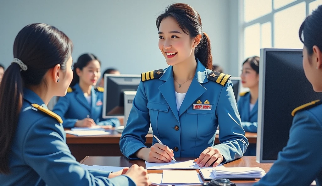 A stunning oil painting of a scene beautifully portraying, In a bustling government office, a young beautiful Korean woman, newly appointed as a government officer, in her crisp official uniform. Surrounded by her colleagues, she engages in discussion, her expression a blend of enthusiasm and determination. Her uniform, neatly pressed and adorned with insignia, symbolizes her new role. The office environment is busy, with papers and computers scattered across desks, highlighting the dynamic and professional atmosphere as she integrates into her new position. The painting exhibits a dream-like, impressionistic style, with visible brushstrokes that create a sense of depth and texture. The color palette primarily consists of light blue, greys, and blacks, evoking a enthusiastic atmosphere. wide shot view. talking to her colleagues