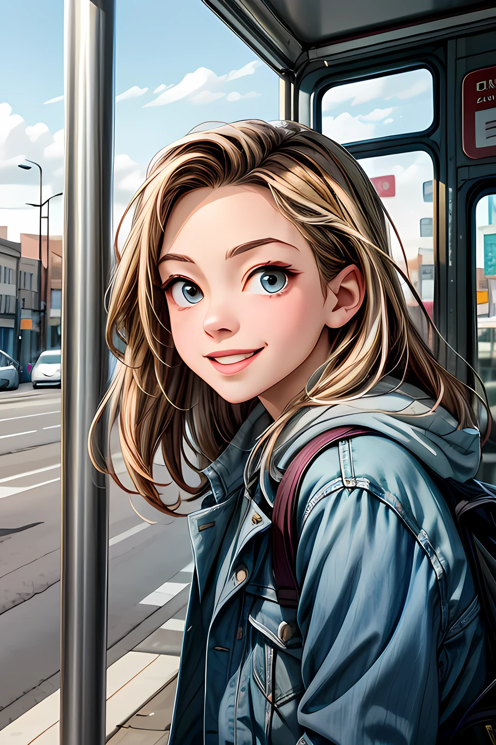 (masterpiece), best quality, expressive eyes, perfect face, a girl (Sydney sweeney) waiting for the bus in a bus stop, a beautiful summer morning, american city, smiling,