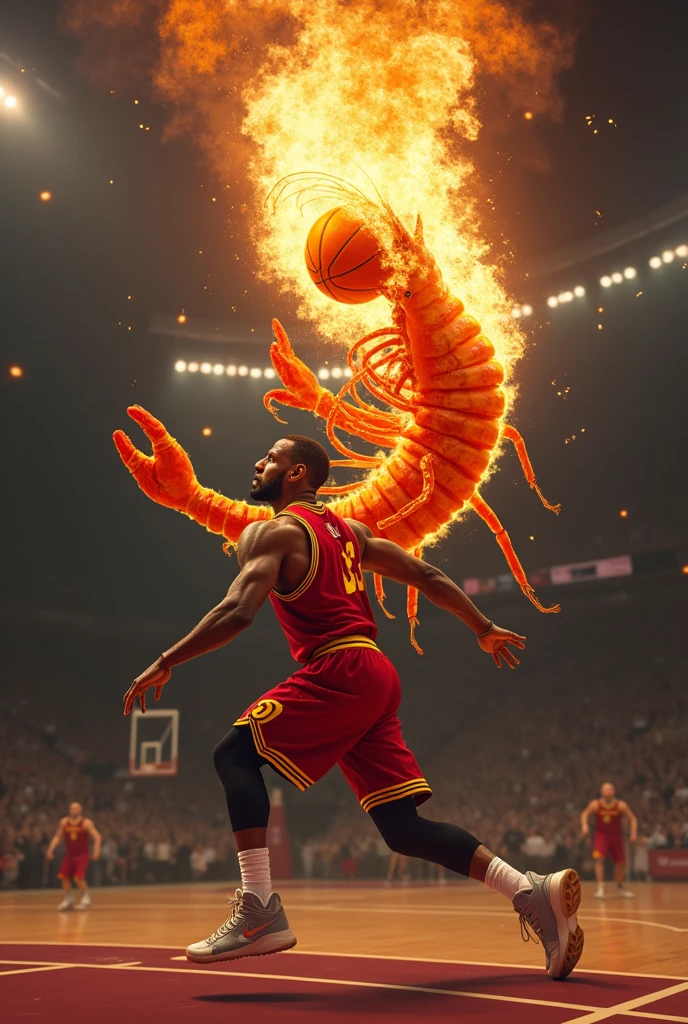 Create a flaming shrimp by dunking a basketball on LeBron James