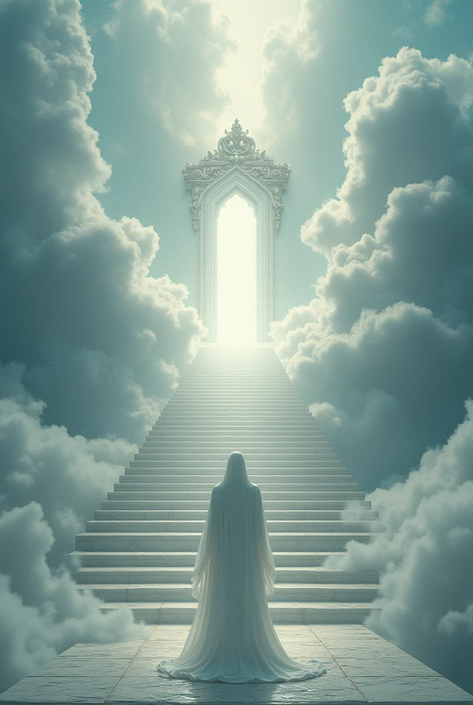 Simple stairs leading to heaven in the clouds and a door at the end. God with no face all in white, waiting in front