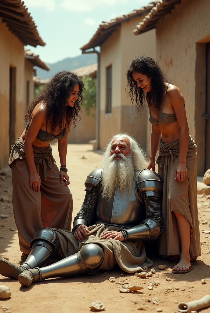 Don Quixote of La Mancha in armor, old man with white hair and white horse. With two women from the street, laughing at don quixote, dirty on the floor, with clothes (Prostitutes) in a village.