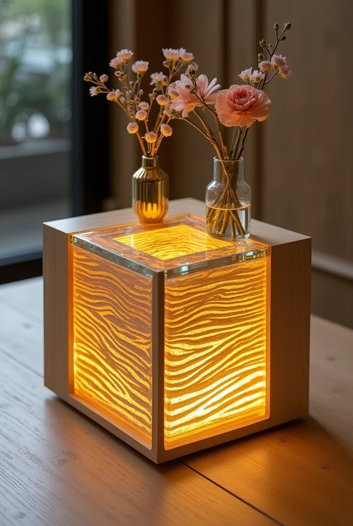 Handcrafted square small table featuring a high quality clear glass top, revealing the details of the table's interior design.. Inside the table, there is a layer of natural wood covered in clear epoxy with thin gold stripes carefully embedded.. The interior of the table is illuminated with warm yellow LED lighting, creating an attractive visual effect and gently reflecting off the gold bars.. The sides are made of high quality MDF wood with a smooth finish that complements the simple and elegant design.. The table was decorated with light decorations such as artificial flowers and delicate gold vases.. This unique design adds a touch of luxury and modernity to any space, while maintaining a simple and elegant character.
