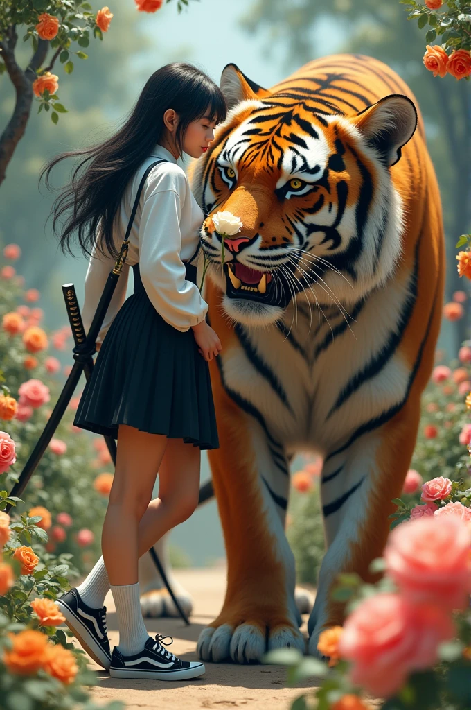 created a very real 3D painting image, a beautiful 17 year old long-haired Japanese woman, wearing a long-sleeved white shirt, black plisket skirt, long white socks and sneakers, a katana on her back, holding a white rose and kissing the flower, looking forward with a sharp gaze, standing and leaning on the body of a giant tiger with a fierce face, sharp fangs with a wild gaze, beautiful flower garden background with dazzling colorful flowers, image with a touch of 3D quality, cinematic, photographic