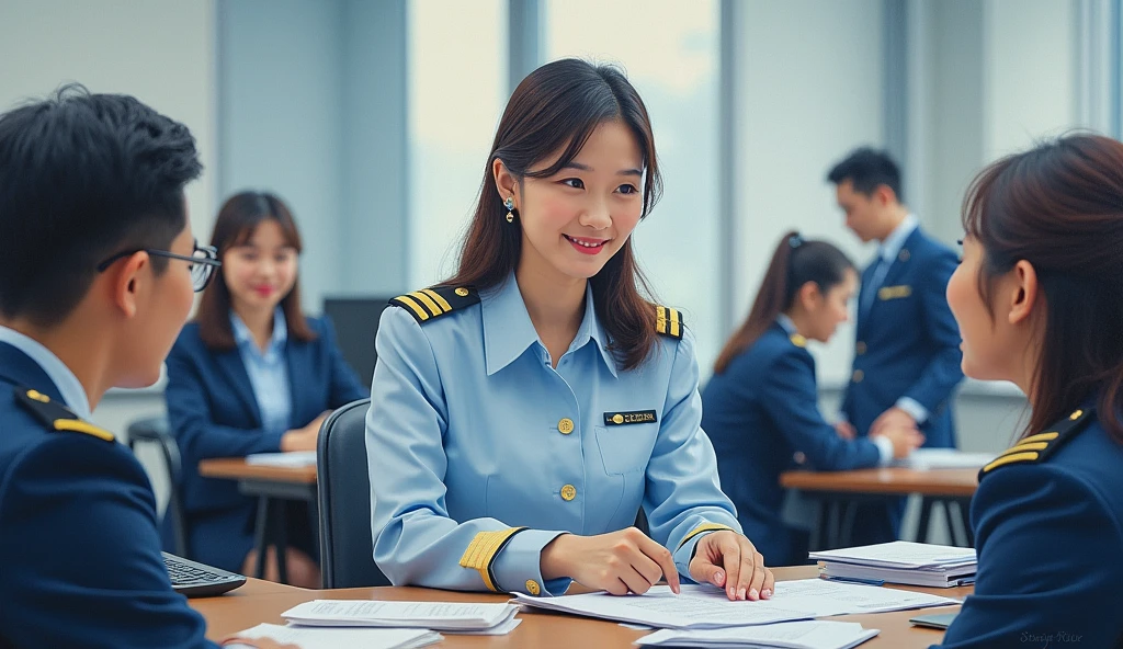A stunning oil painting of a scene beautifully portraying, In a bustling government office, a young beautiful Korean woman, newly appointed as a government officer, in her crisp official uniform. Surrounded by her colleagues, she engages in discussion, her expression a blend of enthusiasm and determination. Her uniform, neatly pressed and adorned with insignia, symbolizes her new role. The office environment is busy, with papers and computers scattered across desks, highlighting the dynamic and professional atmosphere as she integrates into her new position. The painting exhibits a dream-like, impressionistic style, with visible brushstrokes that create a sense of depth and texture. The color palette primarily consists of light blue, greys, and blacks, evoking a enthusiastic atmosphere. wide shot view. talking to her colleagues