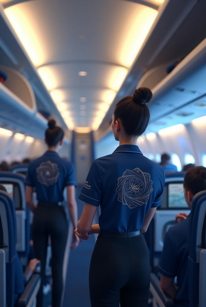 Create an image of an airplane from the inside with employees wearing the “Celestial” company shirt