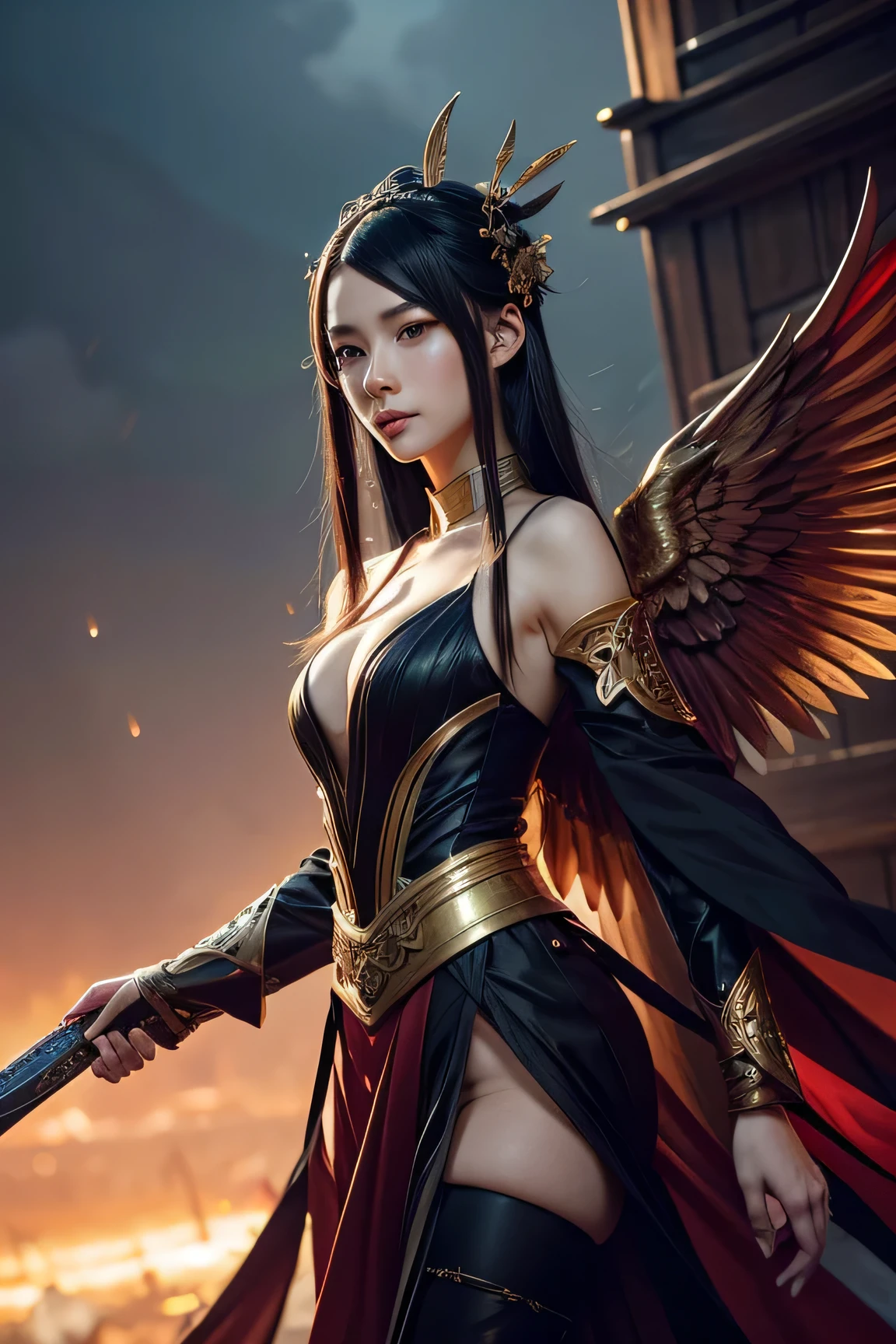 A woman in a costume with a sword, onmyoji detailed art, g liulian art style, from arknights, trending on artstation pixiv, by Yang J, cushart krenz key art feminine, guweiz on artstation pixiv, rossdraws sakimimichan, onmyoji, prompt:fantasy character with white, slightly tousled hair, pale skin, striking red eyes, intricate golden vine-like patterns, large red and gold wings, highly detailed, elegant, yet fierce, labackground thunder and rain