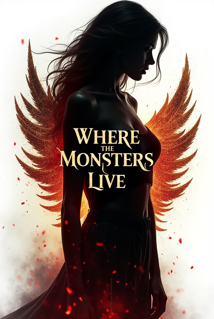 A book cover with the following information.
Title: Where the monsters live.
No subtitle.
Author's Name: Juliany Basilio.
On the cover I want something a little dark, is a fiction book about werewolves and other supernatural creatures. In the center of the book, taking up most of the space, I want a silhouette of a woman. (Youngh) from sideways. The silhouette can be completely black, within this silhouette the name of the book in gold. Outside the silhouette a white background with red details (like coals of fire) and bursts of gold.